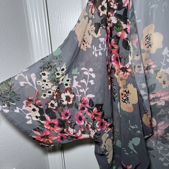 Gray Floral Kimono Womens Multicolor Size 2XL Semi Sheer Open Front - Picture 2 of 6